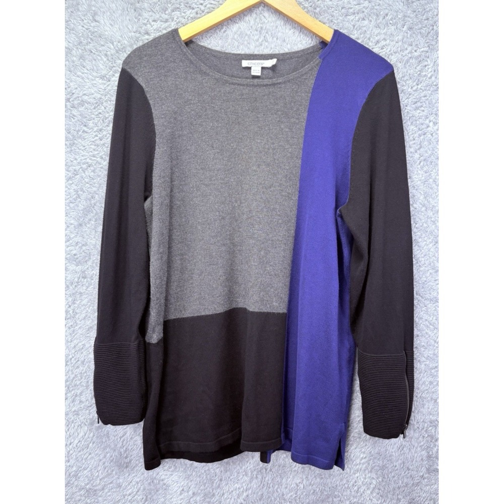 Chico's Womens Size 2 Large Colorblock Tunic Sweater Purple Gray Zip Cuff